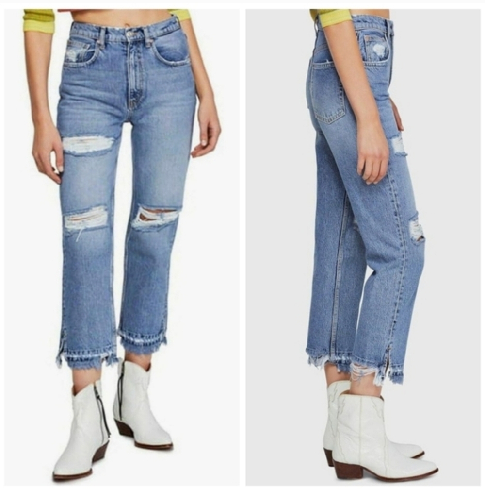 Free People We The Free Lita Slim Leg Distressed Cropped Women's 25 Medium Wash - Picture 3 of 11